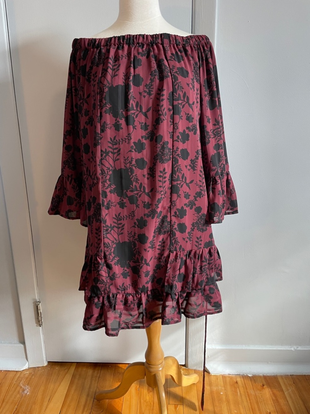 DEX Burgundy and Black Floral Off-Shoulder Ruffle Mini Dress, Size L